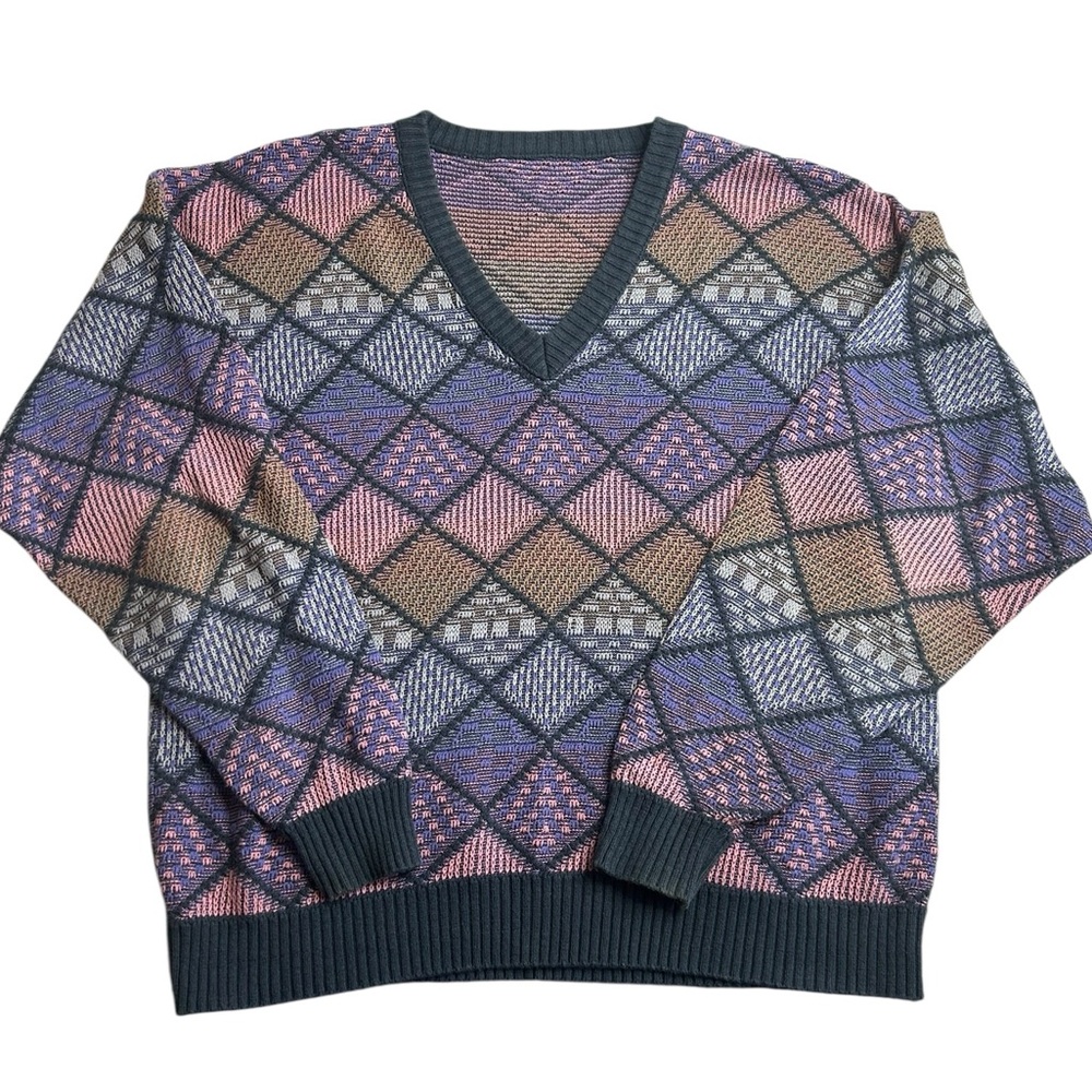 Vintage 80s Geometric Argyle Knit Sweater‎ V-Neck Retro Pattern